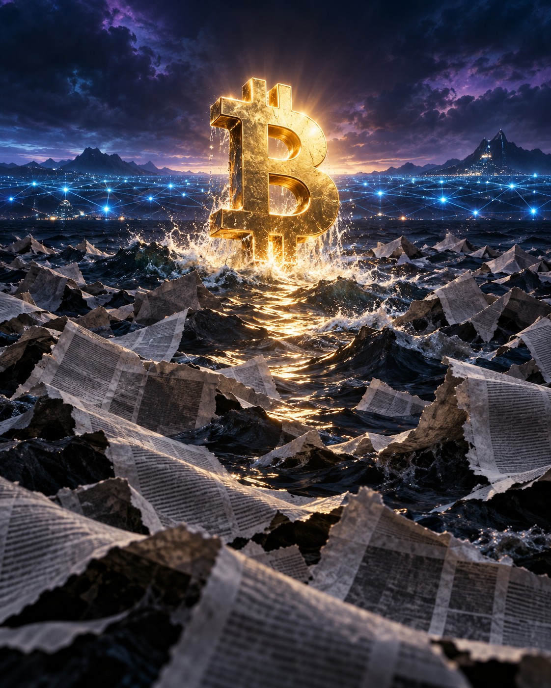 A Bitcoin emblem stands above a sea of discarded newspapers while network lights continue across the horizon. Past survival is striking; it is not a guarantee of future returns.