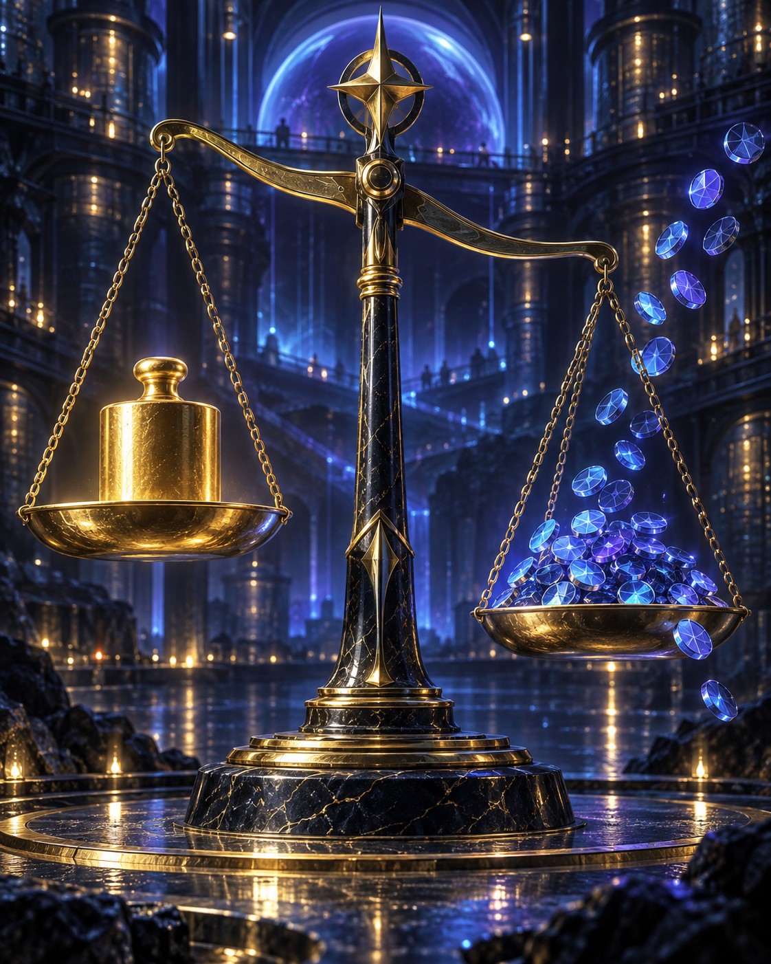 A gold weight faces a cascade of blue tokens. This conceptual balance highlights the distinction between fees quoted in dollars and the quantity of HBAR required to pay them.