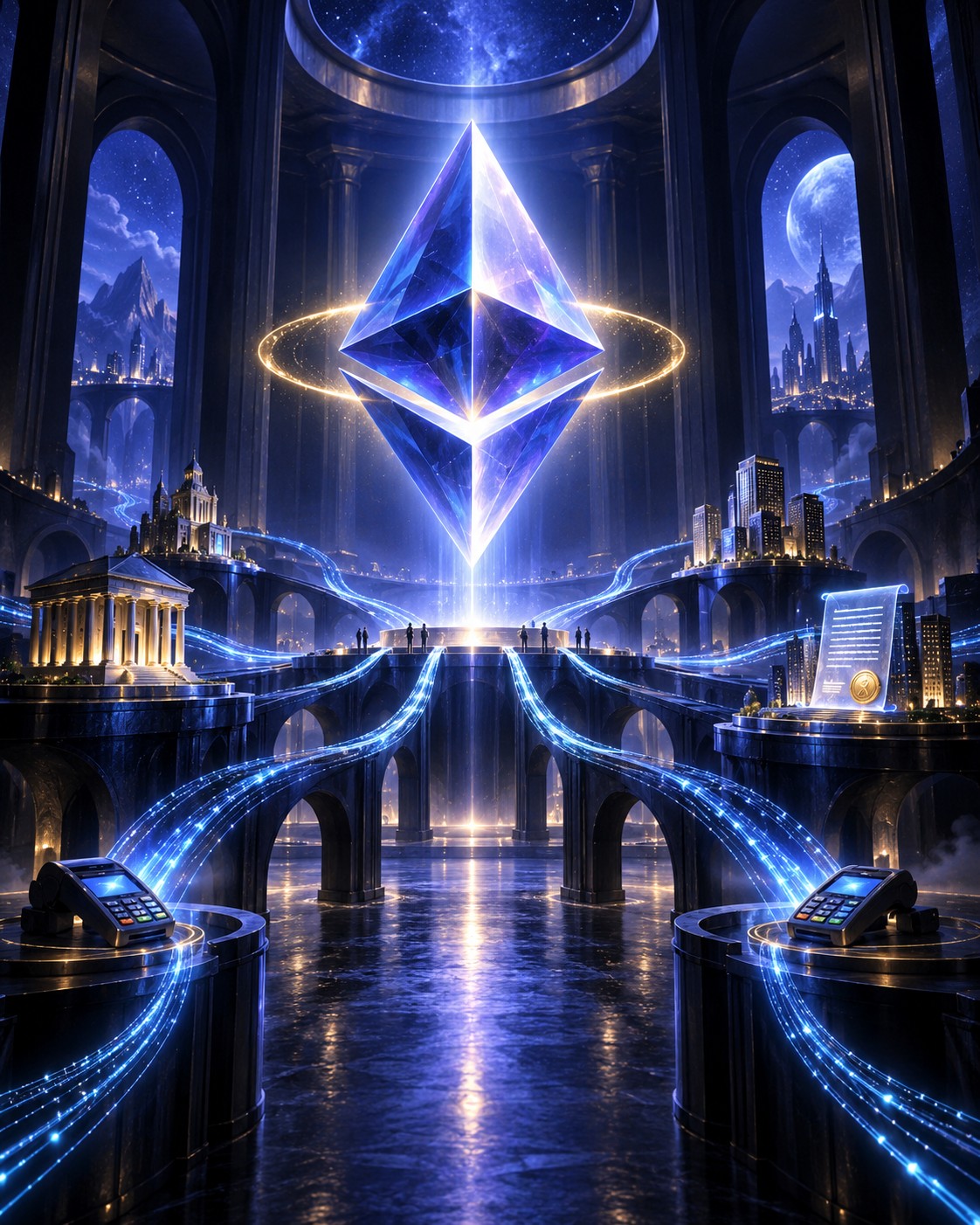 A luminous Ethereum diamond anchors a financial city. The thesis rests on useful activity settling through Ethereum—and on how that activity translates into demand for ETH.