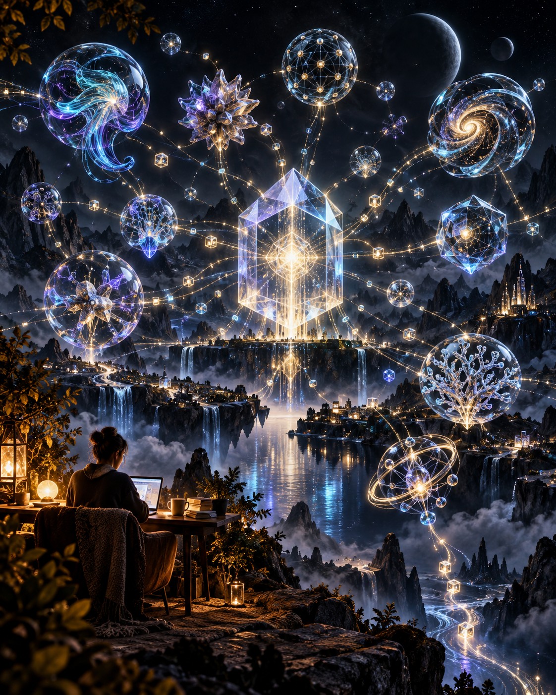 Distinct neural structures exchange light around a shared computing core and a human workstation. The ASI thesis is coordinated AI services; the investment question is whether real usage creates durable token demand.