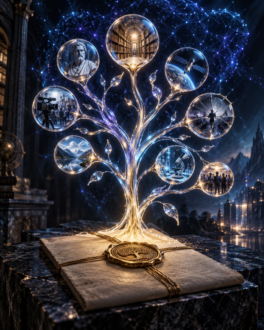 A luminous knowledge tree connects information to its sources, with one fractured node. Traceability can help examine an answer; it does not make every source truthful.