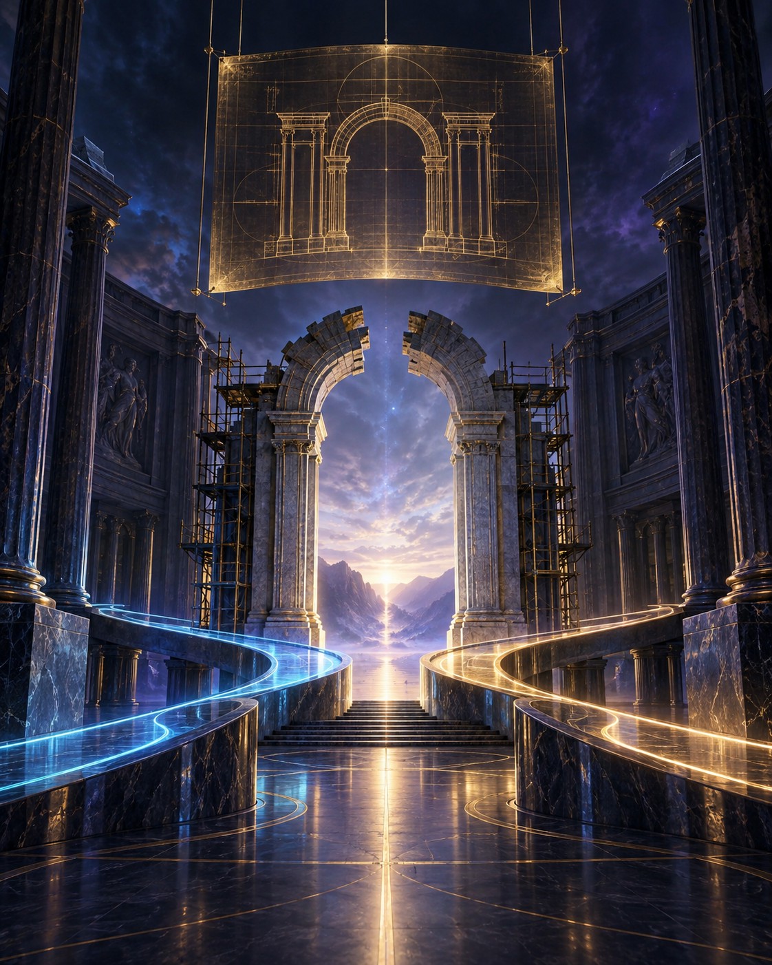 An unfinished gateway stands beneath a golden blueprint. The image represents the work of designing a market framework; it is not a depiction of the bill’s current procedural status.