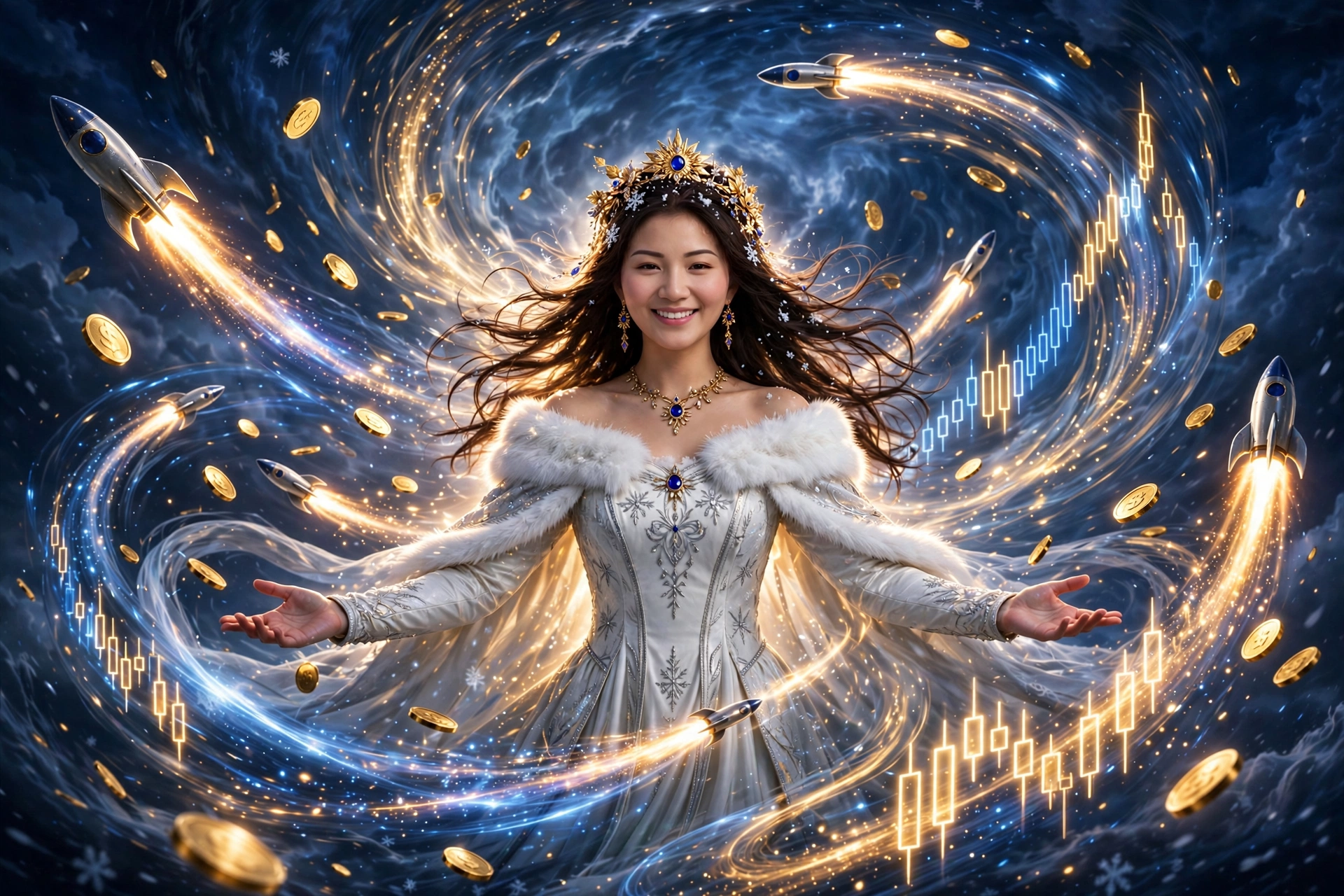 Muse surrounded by swirling blue market charts, golden coins, and rockets